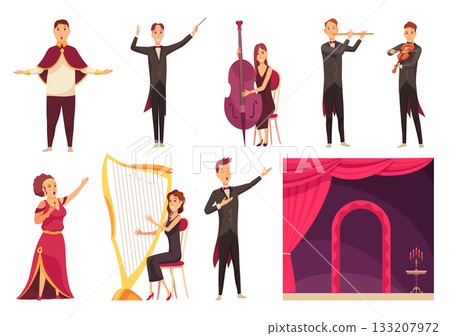 Opera theater flat cartoon elements set with performing musicians singers conductor stage curtain decorations building vector illustration Opera theater flat cartoon elements set with performing musicians singers conductor stage curtain decorations building vector illustration 133207972