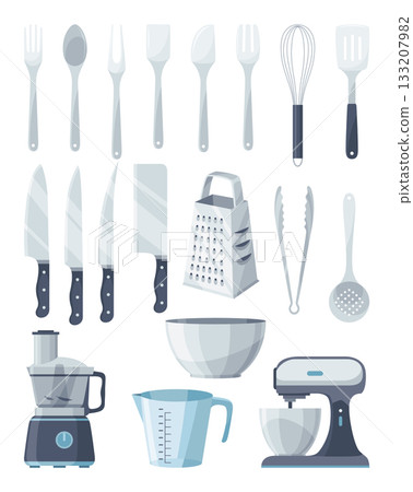 Kitchen tools array, Coherent setup of cooking tools and equipment on countertop, Neatly arranged assortment of kitchen utensils and appliances for culinary activities Kitchen tools array, Coherent setup of cooking tools and equipment on countertop, Neatly arranged assortment of kitchen utensils and appliances for culinary activities 133207982