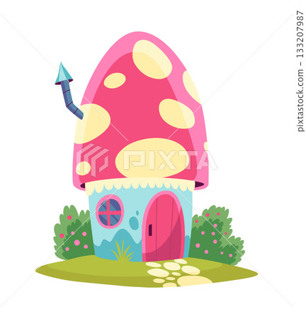 An artistic pixel illustration depicting a charming mushroom house 133207987