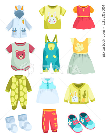 Bright baby outfit display, Vivid infant apparel arranged against gentle white backdrop, Colorful newborn clothing selection with soft textures and charming patterns 133208004