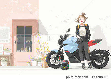 Miyu Series: Illustration of a female rider touring with her dog 133208005