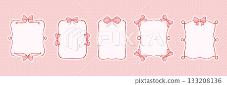 Pink bow frame set in delicate line art style. Vector collection of elegant ribbons and borders. Whimsical and romantic coquette decoration for Valentine cards, posters, menus, or birthday invites Pink bow frame set in delicate line art style. Vector collection of elegant ribbons and borders. Whimsical and romantic coquette decoration for Valentine cards, posters, menus, or birthday invites 133208136