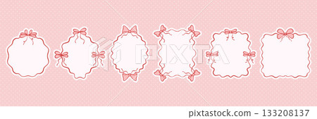 Pink bow frame set in delicate line art style. Vector collection of elegant ribbons and borders. Whimsical and romantic coquette decoration for Valentine cards, posters, menus, or birthday invites Pink bow frame set in delicate line art style. Vector collection of elegant ribbons and borders. Whimsical and romantic coquette decoration for Valentine cards, posters, menus, or birthday invites 133208137