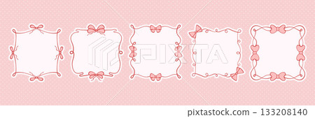 Pink bow frame set in delicate line art style. Vector collection of elegant ribbons and borders. Whimsical and romantic coquette decoration for Valentine cards, posters, menus, or birthday invites 133208140