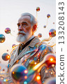 Visionary mind amidst shimmering ideas. An elderly man with a white beard is portrayed surrounded by colorful, reflective spheres and flowing shapes, creating a surreal environment.  133208143