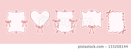 Pink bow frame set in delicate line art style. Vector collection of elegant ribbons and borders. Whimsical and romantic coquette decoration for Valentine cards, posters, menus, or birthday invites Pink bow frame set in delicate line art style. Vector collection of elegant ribbons and borders. Whimsical and romantic coquette decoration for Valentine cards, posters, menus, or birthday invites 133208144