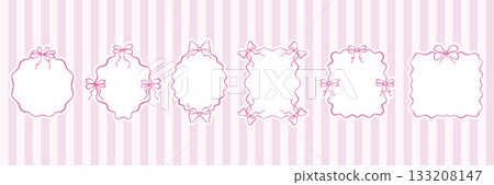 Set of frames with pink ribbon and bows. Hand-drawn coquette borders. Elegant and romantic design elements for cards, wedding invitations. Vector doodle illustration on a stripped pink background. 133208147