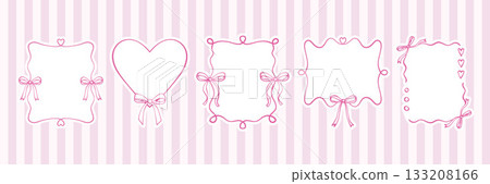 Set of frames with pink ribbon and bows. Hand-drawn coquette borders. Elegant and romantic design elements for cards, wedding invitations. Vector doodle illustration on a stripped pink background. 133208166