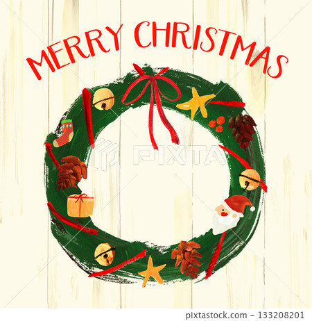 手繪聖誕花圈插圖，帶有緞帶和鈴鐺 133208201