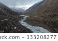 Serene mountain valley with winding river and rocky terrain landscape 133208277