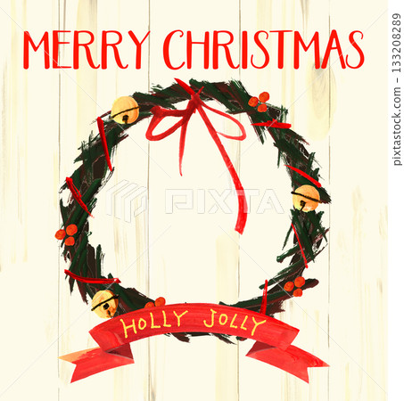 掛在白色牆上的聖誕花環，上面寫著“聖誕快樂”，還有鈴鐺，手繪插圖 133208289