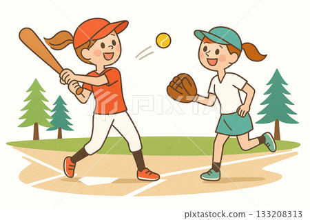 “一位女性享受棒球運動的扁平化插畫 | 戶外運動，擊球手和捕手，運動女孩，16:9” 133208313