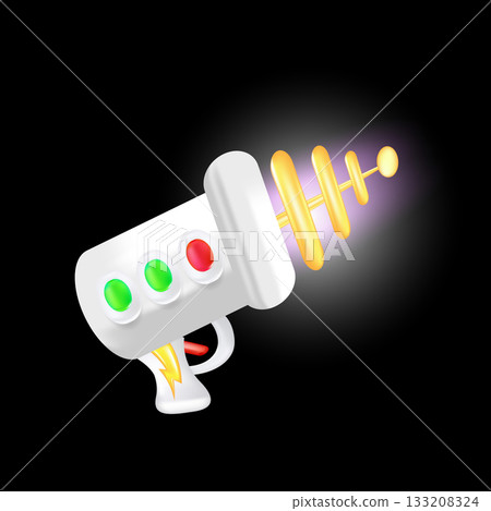 Cartoon super space energy blaster isolated on black background. Retro game label or icon with vintage space laser pistol gun. Tesla electric coil gun Cartoon super space energy blaster isolated on black background. Retro game label or icon with vintage space laser pistol gun. Tesla electric coil gun 133208324