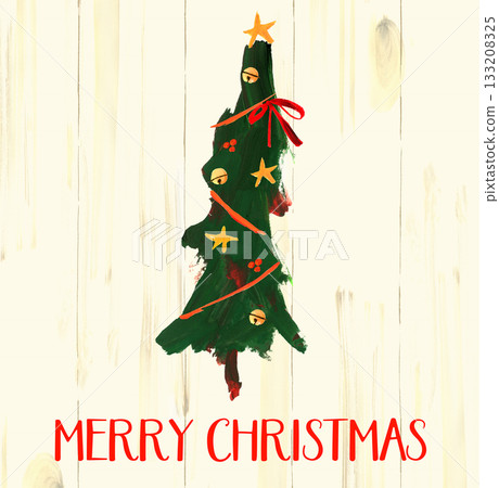 Hand-drawn illustration of a Christmas tree with ribbons and stars 133208325