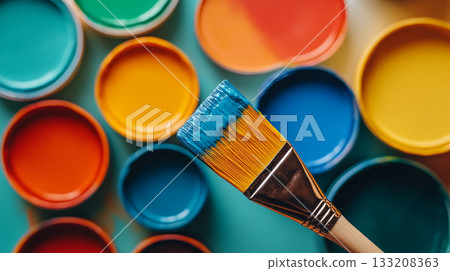 Bright paint containers and brush on colorful surface 133208363