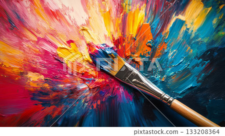 Close-up of paintbrush with vibrant colorful paint strokes 133208364