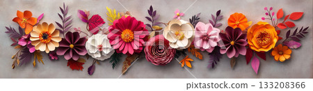 Earthy Toned  Paper Flowers on Rustic Background banner 133208366