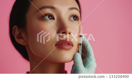 Young woman holding syringe against pink background 133208400