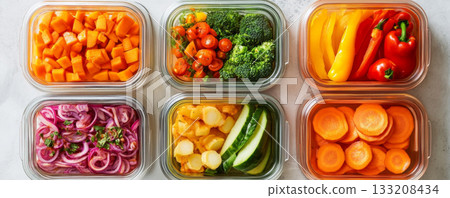 Close-Up of Freshly Prepared Colorful Vegetable Mix in Containers Close-Up of Freshly Prepared Colorful Vegetable Mix in Containers 133208434