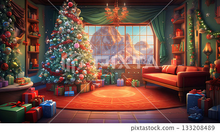 Christmas decorated interior in vintage style. Interior 60s and 70s Christmas decorated interior in vintage style. Interior 60s and 70s 133208489