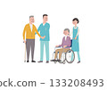 描繪護理人員和老年人互相照顧、互相扶持的場景插圖。 133208493