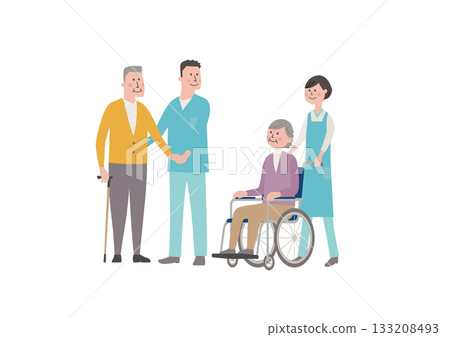 Illustration of a scene where care staff and elderly people are watching over and supporting each other 133208493