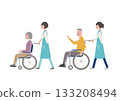 插圖描繪了護理人員協助一位坐在輪椅上的老人的場景。 133208494