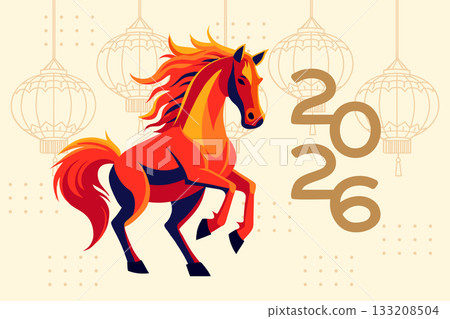 Happy Chinese New Year 2026 card with fire horse and asian lanterns. Festive illustration. Happy Chinese New Year 2026 card with fire horse and asian lanterns. Festive illustration. 133208504