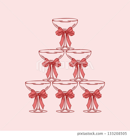 Elegant champagne glasses tower with decorative red ribbons. Hand drawn illustration 133208505