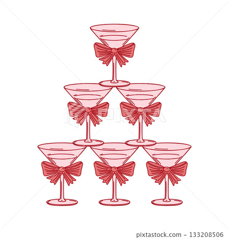 Festive champagne tower with decorative red ribbons. Hand drawn illustration. Festive champagne tower with decorative red ribbons. Hand drawn illustration. 133208506