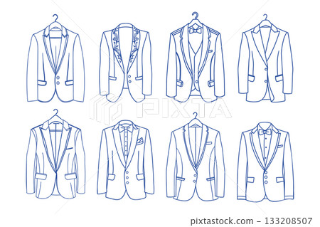 Collection of mens formal suits and jackets. Line art. Hand drawn illustration. 133208507