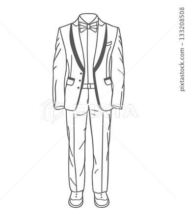 Elegant tuxedo with bow tie. Line art. Hand-drawn illustration. 133208508