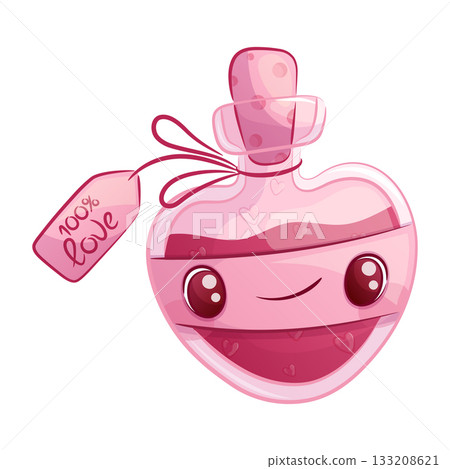 A cute bottle with a love potion on a white background. A smiling character. The concept of lovers, Valentine's day. Isolated cartoon vector illustration for the design of postcard, textile, sticker A cute bottle with a love potion on a white background. A smiling character. The concept of lovers, Valentine's day. Isolated cartoon vector illustration for the design of postcard, textile, sticker 133208621