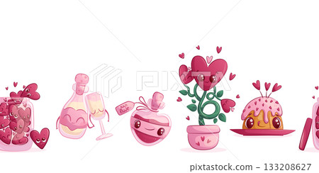 Seamless frame with cute cats on a white background. The concept of lovers, Valentine's Day. Cute characters. Vector illustration for postcards, posters, banners 133208627