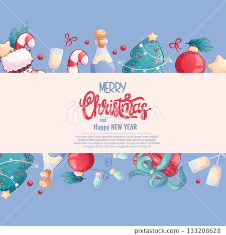A colorful background for an invitation or greeting card for Christmas and new year. Gift box, Christmas tree, candy cane, garlandVector illustration for the design of postcard, banner, poster 133208628