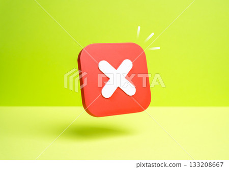 A rejection sign hovers on a green background. Cancellation, refusal. Prohibition and suspension. Non-acceptance and postponement. Denied approval, system errors, and bureaucratic barriers. 133208667