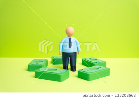 The businessman is surrounded by money. High demand for business services, high salaries, and company profits. Financial success, market growth, and entrepreneurial prosperity. 133208668