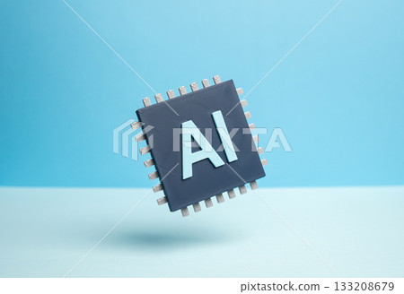 A computer chip with AI. Artificial intelligence built into a microchip. Innovation, data processing, and tech industry evolution. 133208679