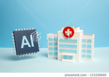 An AI-powered computer chip and a hospital. The application of artificial intelligence in medicine and diagnostics. Health tech, data analysis, and smart hospital systems. An AI-powered computer chip and a hospital. The application of artificial intelligence in medicine and diagnostics. Health tech, data analysis, and smart hospital systems. 133208680