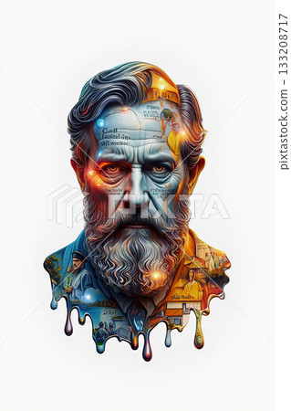 Abstract portrait of a wise man's mind. An abstract portrait features an older man with a detailed, expressive face.  133208717