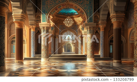 Grand hall with traditional Indian and Moroccan palace decor. 133208799