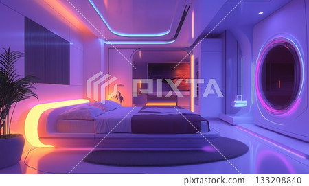 Modern bedroom with vibrant neon lights and window at night Modern bedroom with vibrant neon lights and window at night 133208840