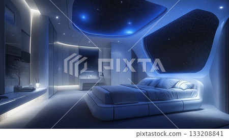 Cozy bedroom with stunning ocean view and moonlight illuminating the serene atmosphere at night 133208841