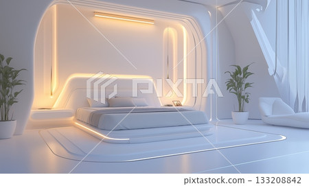 Modern minimalist bedroom design with lighting and sleek furnishings 133208842