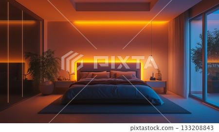 Modern bedroom with vibrant neon lights and window at night 133208843