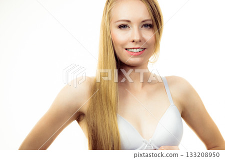 Woman small breast wearing bra Woman small breast wearing bra 133208950