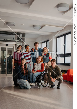 Teen students in school hallway, girl in wheelchair. 133208997