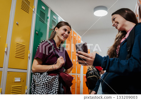 Teen students hanging out in school hallway by lockers. Teen students hanging out in school hallway by lockers. 133209003