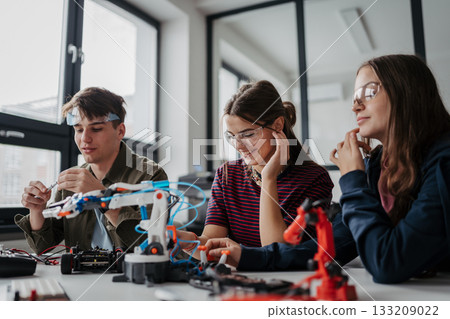 High school students working on robotics project. High schoolers in STEM. 133209022