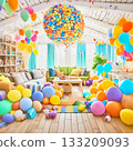 A lively and fantastical party venue filled to the ceiling with balloons 133209093